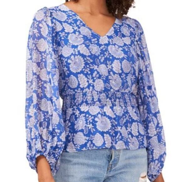 Vince Camuto Peplum V-Neck Floral Blue White Sheer Sleeve Lined Blouse NWT XS - Picture 1 of 13